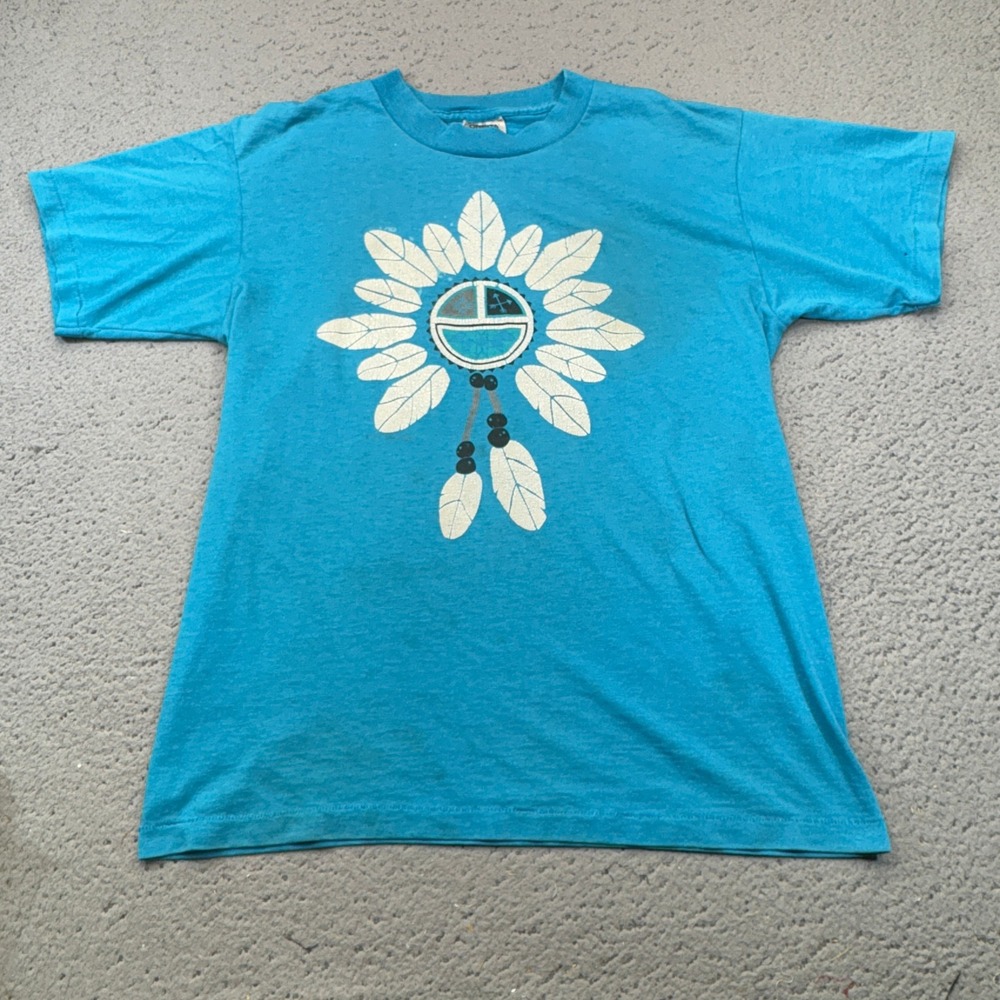 Vintage‎ Oneita Mens Large Blue Native American Dreamcatcher Graphic T-Shirt 80s